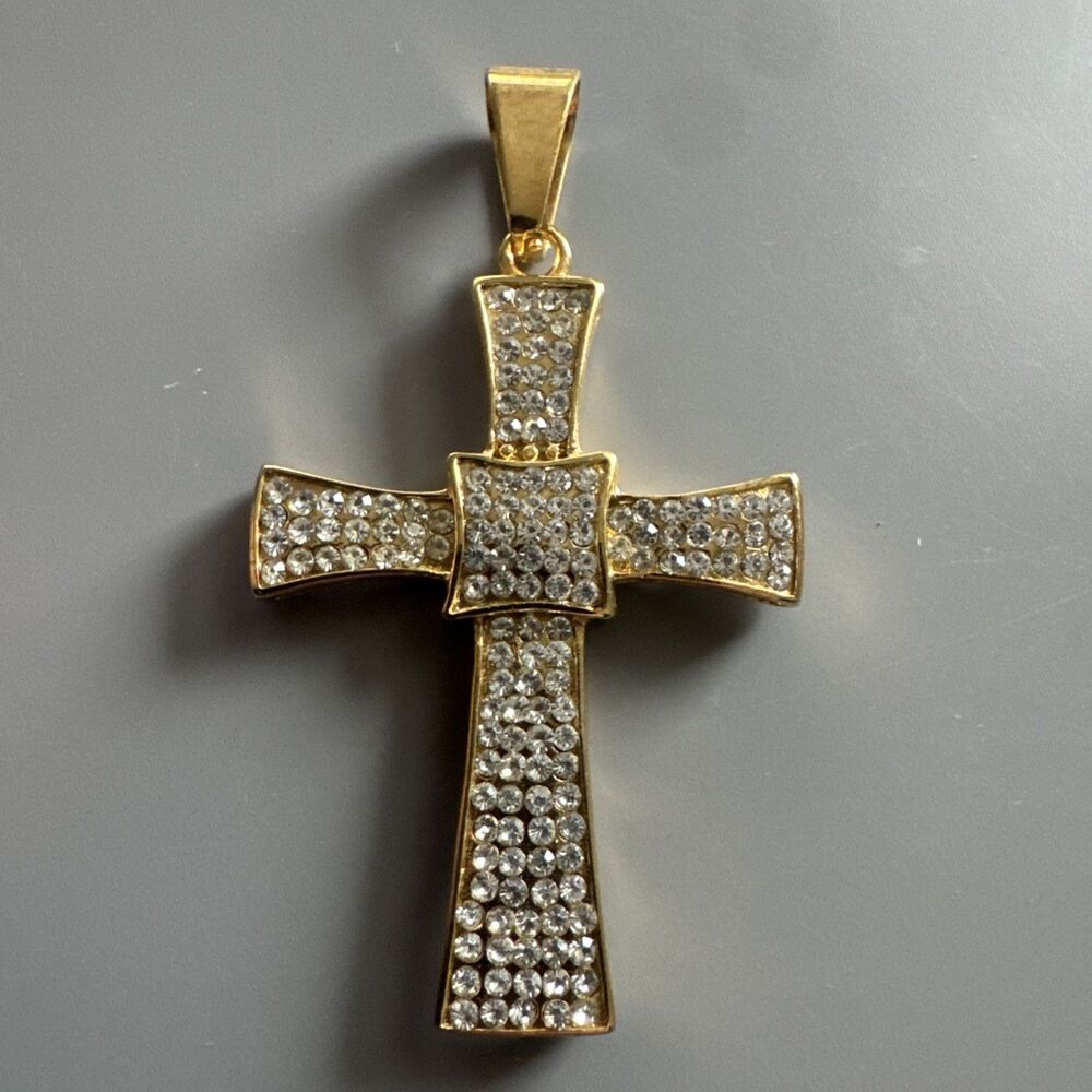 Cross Pendant Cubic Zirconia Iced Out 24” Chain Gold Plated Religious Faith Gift